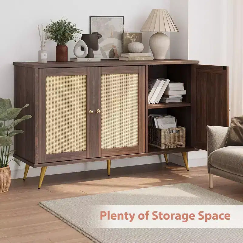 Mobile Contenitore in Rattan Celebalcony, Credenza Moderna, Mobile Contenitore Grande con Ante Decorate in Rattan per Soggiorno