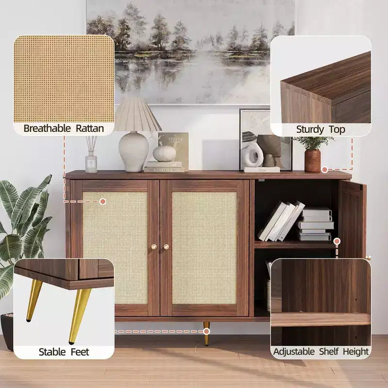 Mobile Contenitore in Rattan Celebalcony, Credenza Moderna, Mobile Contenitore Grande con Ante Decorate in Rattan per Soggiorno