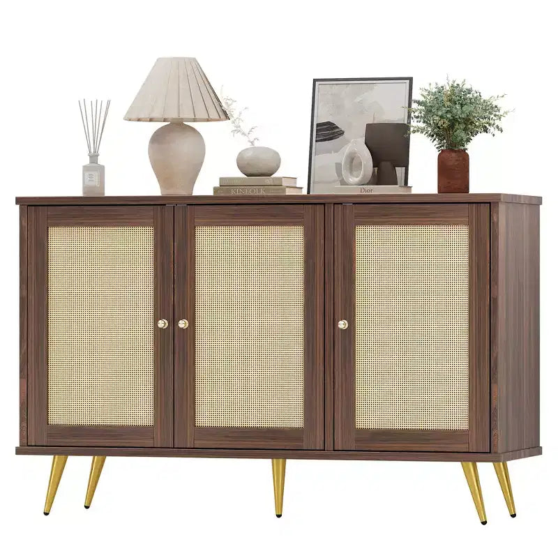 Mobile Contenitore in Rattan Celebalcony, Credenza Moderna, Mobile Contenitore Grande con Ante Decorate in Rattan per Soggiorno