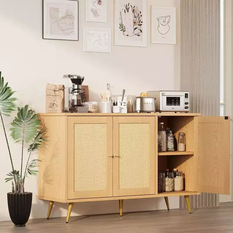 Mobile Contenitore in Rattan Celebalcony, Credenza Moderna, Mobile Contenitore Grande con Ante Decorate in Rattan per Soggiorno