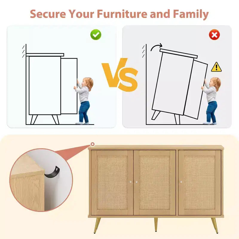 Mobile Contenitore in Rattan Celebalcony, Credenza Moderna, Mobile Contenitore Grande con Ante Decorate in Rattan per Soggiorno