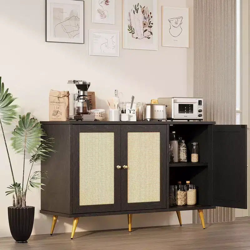 Mobile Contenitore in Rattan Celebalcony, Credenza Moderna, Mobile Contenitore Grande con Ante Decorate in Rattan per Soggiorno