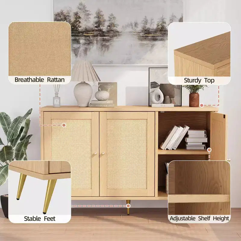 Mobile Contenitore in Rattan Celebalcony, Credenza Moderna, Mobile Contenitore Grande con Ante Decorate in Rattan per Soggiorno