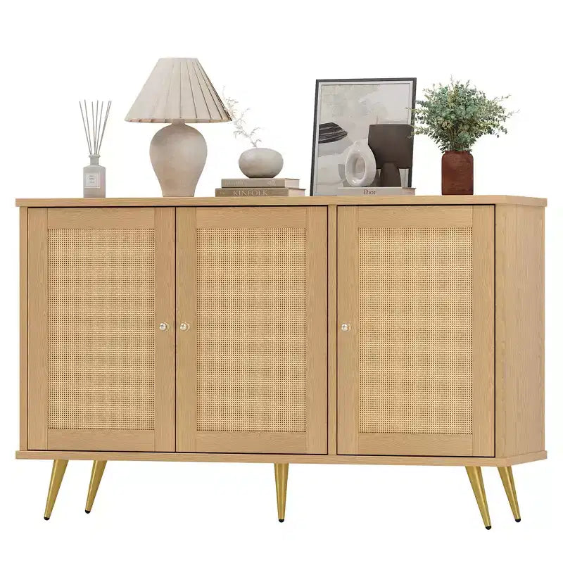 Mobile Contenitore in Rattan Celebalcony, Credenza Moderna, Mobile Contenitore Grande con Ante Decorate in Rattan per Soggiorno