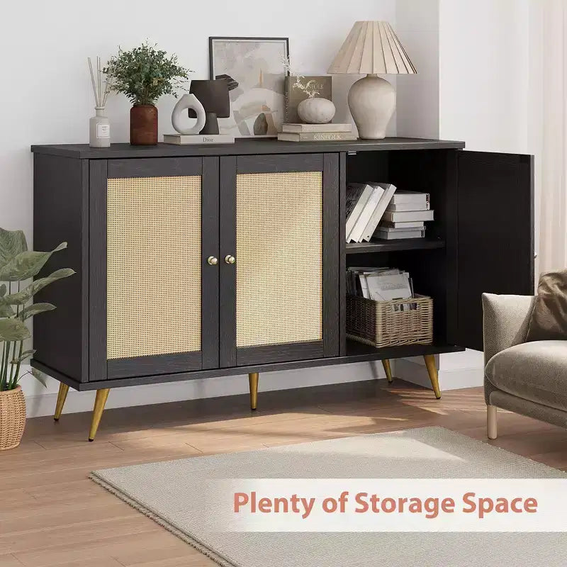 Mobile Contenitore in Rattan Celebalcony, Credenza Moderna, Mobile Contenitore Grande con Ante Decorate in Rattan per Soggiorno