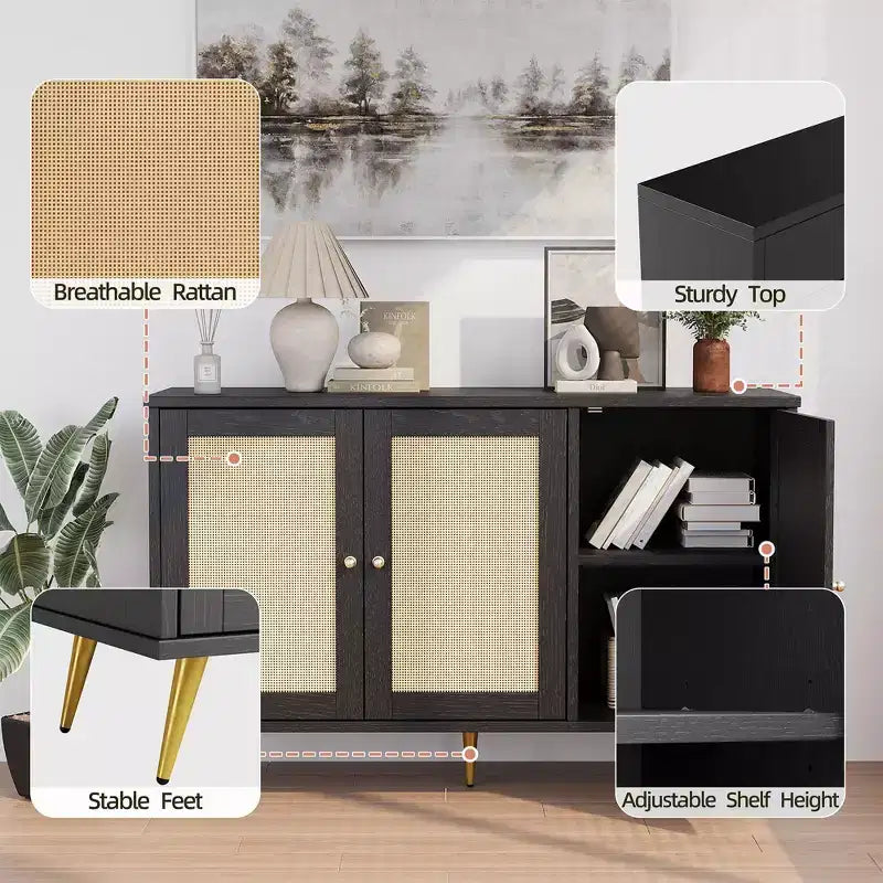 Mobile Contenitore in Rattan Celebalcony, Credenza Moderna, Mobile Contenitore Grande con Ante Decorate in Rattan per Soggiorno