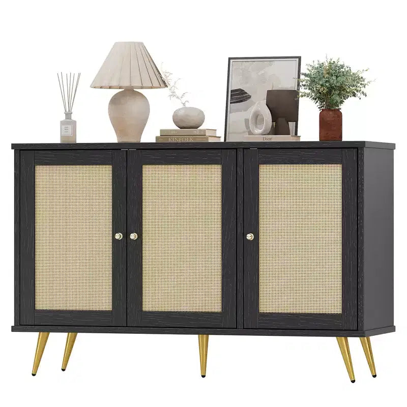 Mobile Contenitore in Rattan Celebalcony, Credenza Moderna, Mobile Contenitore Grande con Ante Decorate in Rattan per Soggiorno