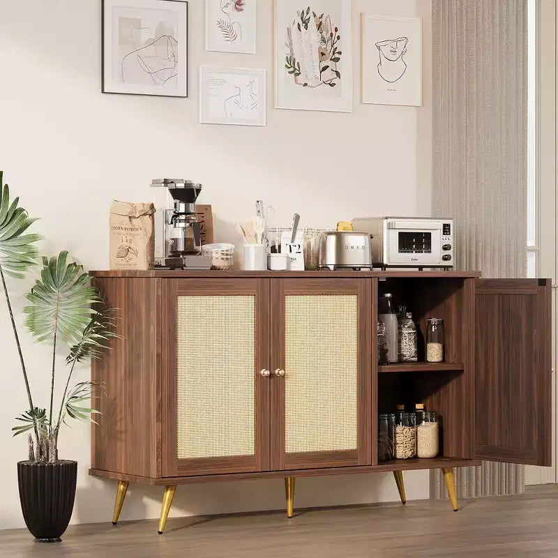 Mobile Contenitore in Rattan Celebalcony, Credenza Moderna, Mobile Contenitore Grande con Ante Decorate in Rattan per Soggiorno