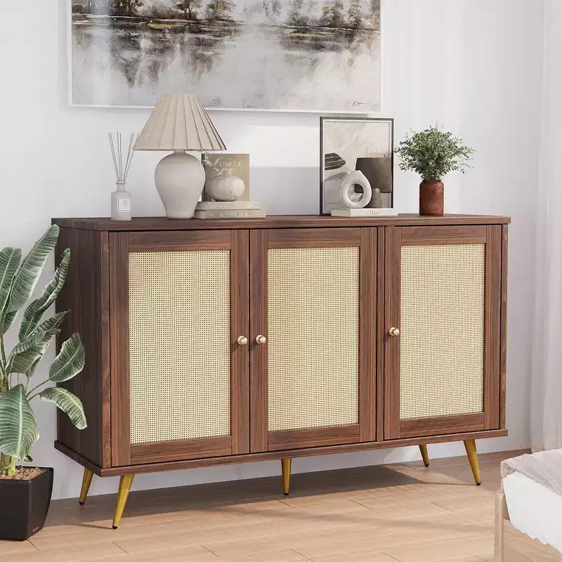 Mobile Contenitore in Rattan Celebalcony, Credenza Moderna, Mobile Contenitore Grande con Ante Decorate in Rattan per Soggiorno