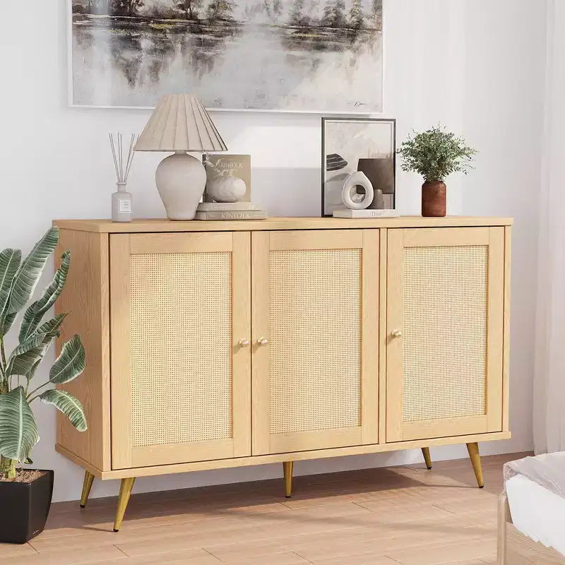 Mobile Contenitore in Rattan Celebalcony, Credenza Moderna, Mobile Contenitore Grande con Ante Decorate in Rattan per Soggiorno