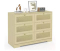 Rattan 6-Drawer Dresser  Modern Wooden Chest with Metal Handles & Solid Wood Legs. Versatile Storage for Bedroom, Living Room, Entryway (Natural)