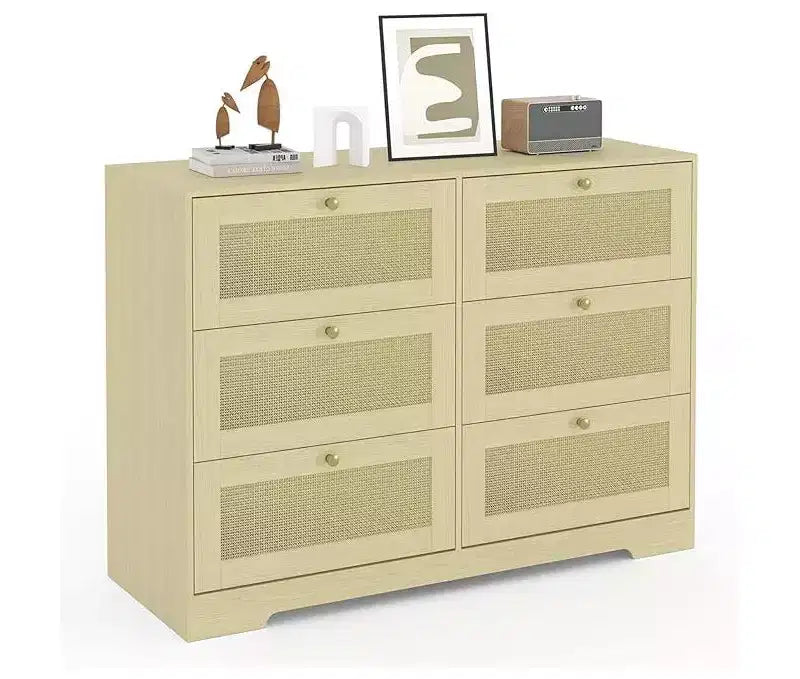 Rattan 6-Drawer Dresser  Modern Wooden Chest with Metal Handles & Solid Wood Legs. Versatile Storage for Bedroom, Living Room, Entryway (Natural)