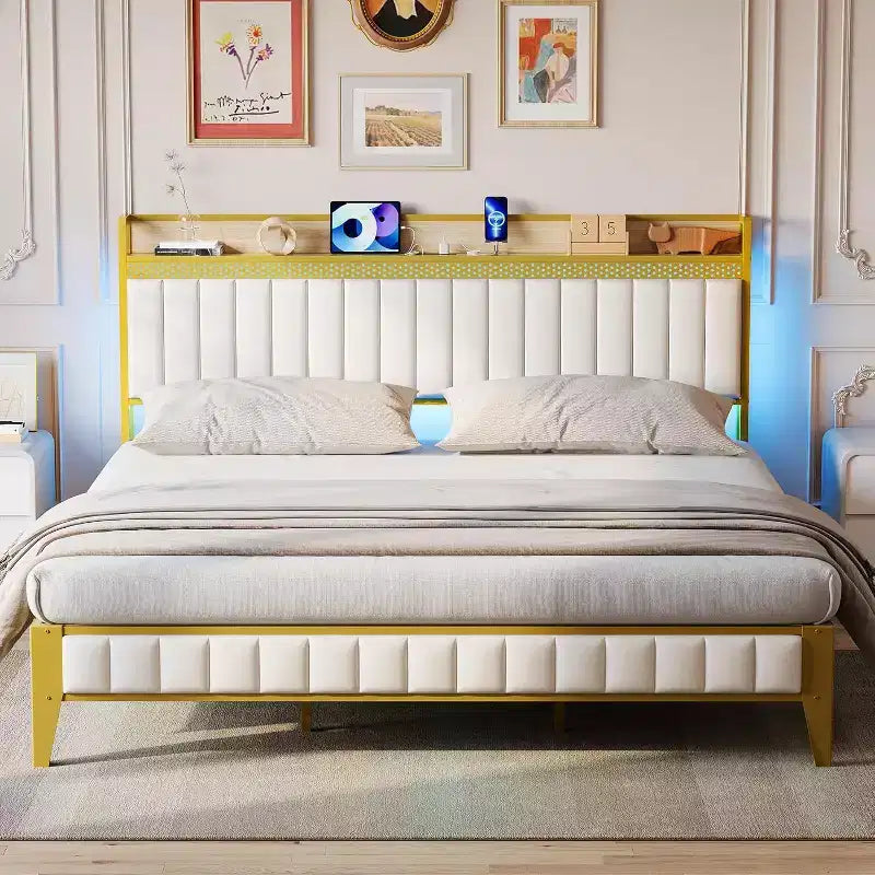 Struttura letto matrimoniale Queen, Struttura letto a piattaforma imbottita a LED con stazione di ricarica, testiera contenitore, supporto a doghe in metallo robusto, senza rumore (nero)