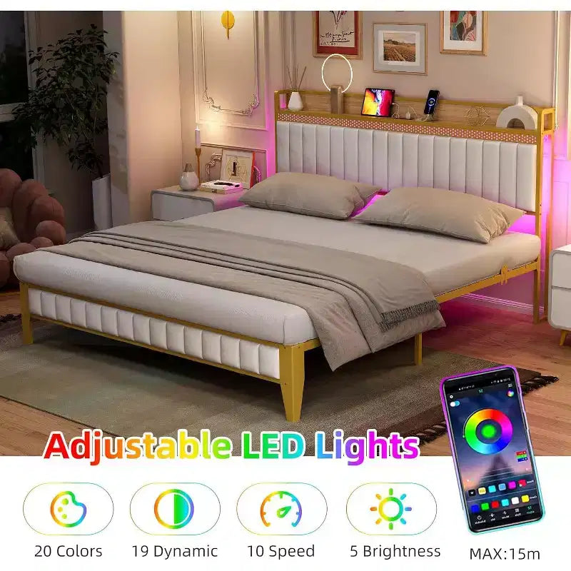 Struttura letto matrimoniale Queen, Struttura letto a piattaforma imbottita a LED con stazione di ricarica, testiera contenitore, supporto a doghe in metallo robusto, senza rumore (nero)