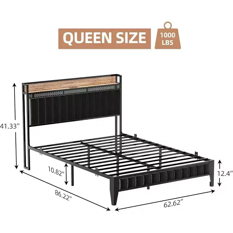 Struttura letto matrimoniale Queen, Struttura letto a piattaforma imbottita a LED con stazione di ricarica, testiera contenitore, supporto a doghe in metallo robusto, senza rumore (nero)