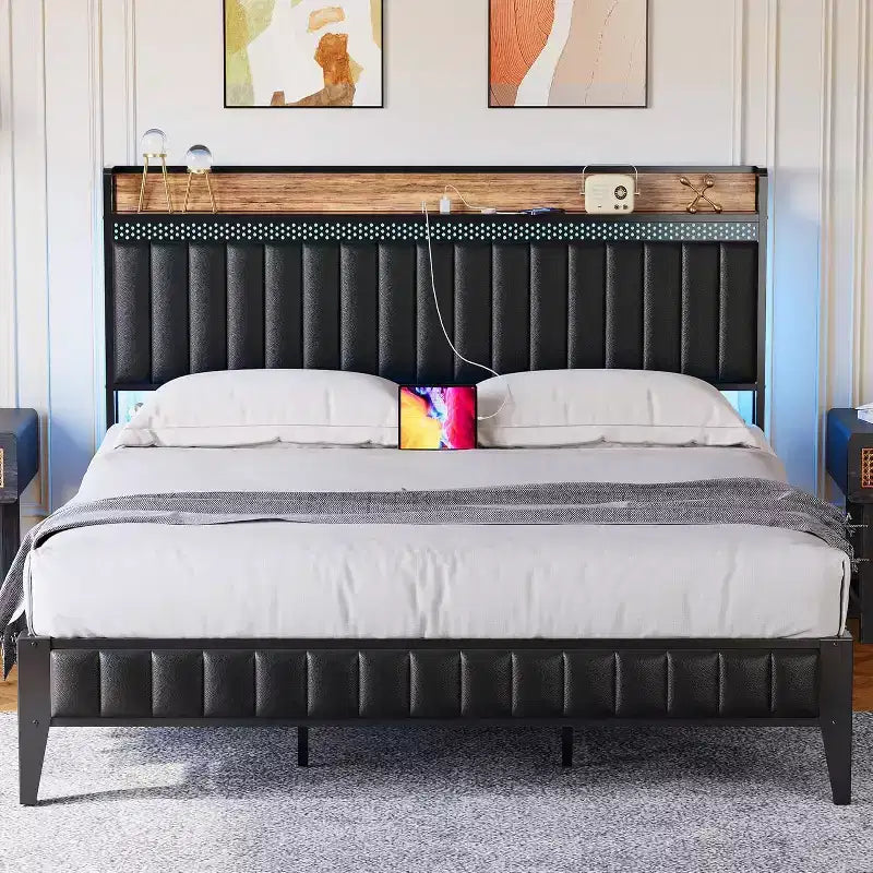 Struttura letto matrimoniale Queen, Struttura letto a piattaforma imbottita a LED con stazione di ricarica, testiera contenitore, supporto a doghe in metallo robusto, senza rumore (nero)