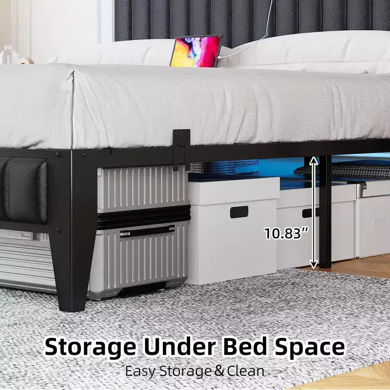 Struttura letto matrimoniale Queen, Struttura letto a piattaforma imbottita a LED con stazione di ricarica, testiera contenitore, supporto a doghe in metallo robusto, senza rumore (nero)