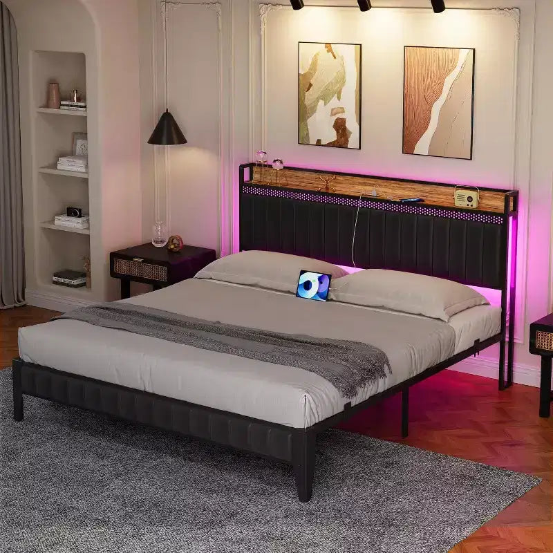 Struttura letto matrimoniale Queen, Struttura letto a piattaforma imbottita a LED con stazione di ricarica, testiera contenitore, supporto a doghe in metallo robusto, senza rumore (nero)