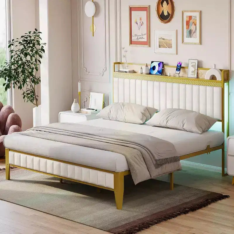 Struttura letto matrimoniale Queen, Struttura letto a piattaforma imbottita a LED con stazione di ricarica, testiera contenitore, supporto a doghe in metallo robusto, senza rumore (nero)