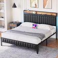 Queen Bed Frame, LED Upholstered Platform Bed Frame with Charging Station, Storage Headboard, Strong Metal Slats Support, Noise Free(Black)