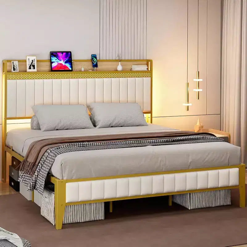 Struttura letto matrimoniale Queen, Struttura letto a piattaforma imbottita a LED con stazione di ricarica, testiera contenitore, supporto a doghe in metallo robusto, senza rumore (nero)