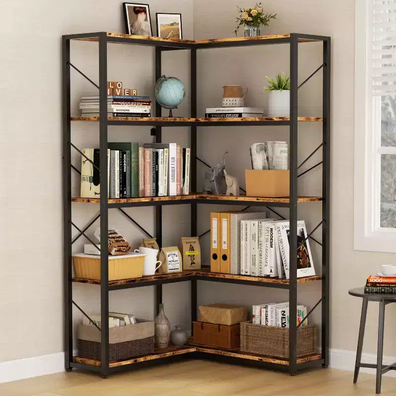 Celebalcony Scaffale angolare a 5 ripiani, libreria a L, grande libreria a etagere, ripiano angolare con struttura in metallo per soggiorno