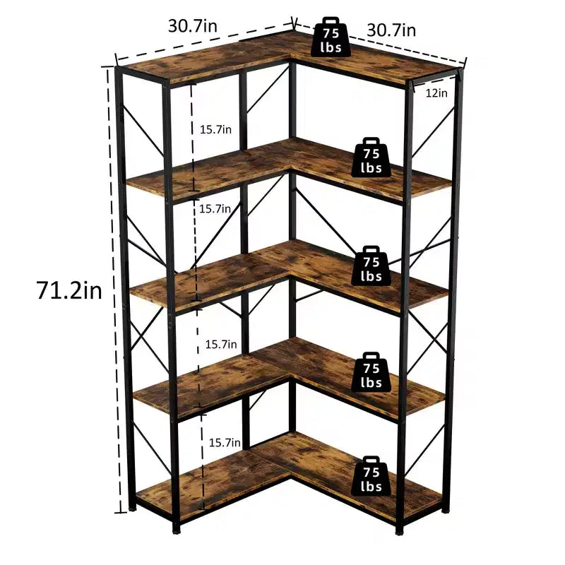 Celebalcony Scaffale angolare a 5 ripiani, libreria a L, grande libreria a etagere, ripiano angolare con struttura in metallo per soggiorno