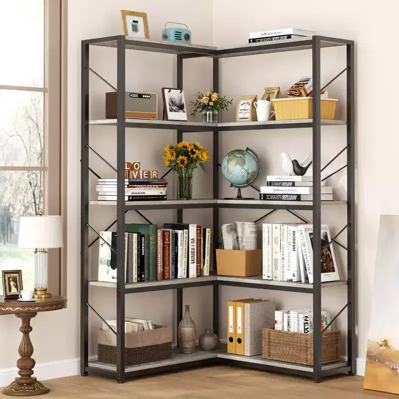 Celebalcony Scaffale angolare a 5 ripiani, libreria a L, grande libreria a etagere, ripiano angolare con struttura in metallo per soggiorno