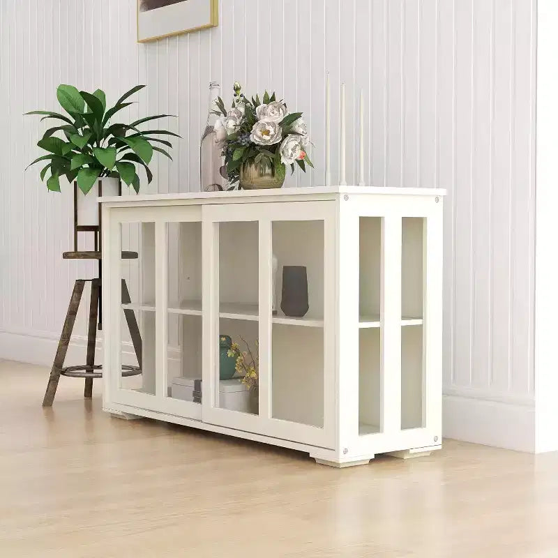 Mobile Buffet Moderno in Legno con Ante Scorrevoli in Vetro, Credenza Versatile per Cucina, Sala da Pranico o Salotto