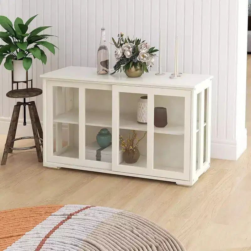 Mobile Buffet Moderno in Legno con Ante Scorrevoli in Vetro, Credenza Versatile per Cucina, Sala da Pranico o Salotto