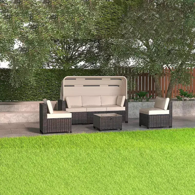 Set da 6 Pezzi di Divani Letto da Esterno, Divano Letto con Baldacchino Retrattile, Set Lounge da Patio per Esterni con Schienali Regolabili, Chaise Longue