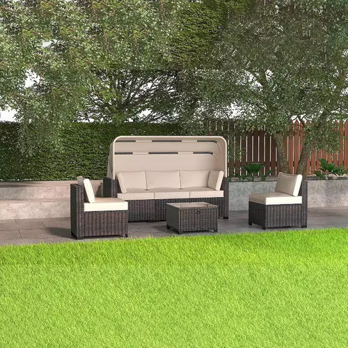Set da 6 Pezzi di Divani Letto da Esterno, Divano Letto con Baldacchino Retrattile, Set Lounge da Patio per Esterni con Schienali Regolabili, Chaise Longue
