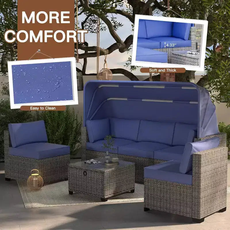 Set da 6 Pezzi di Divani Letto da Esterno, Divano Letto con Baldacchino Retrattile, Set Lounge da Patio per Esterni con Schienali Regolabili, Chaise Longue