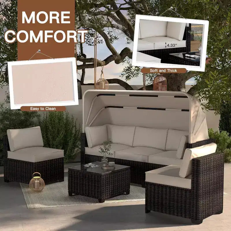 Set da 6 Pezzi di Divani Letto da Esterno, Divano Letto con Baldacchino Retrattile, Set Lounge da Patio per Esterni con Schienali Regolabili, Chaise Longue