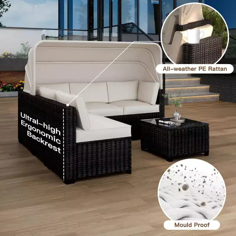 Set da 6 Pezzi di Divani Letto da Esterno, Divano Letto con Baldacchino Retrattile, Set Lounge da Patio per Esterni con Schienali Regolabili, Chaise Longue