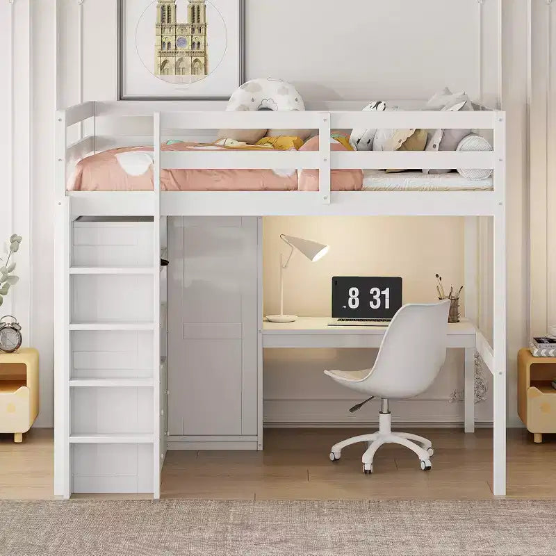 Clihome Wood Full Size Loft Bed with Built-in Wardrobe, Desk, Storage Shelves and Drawers