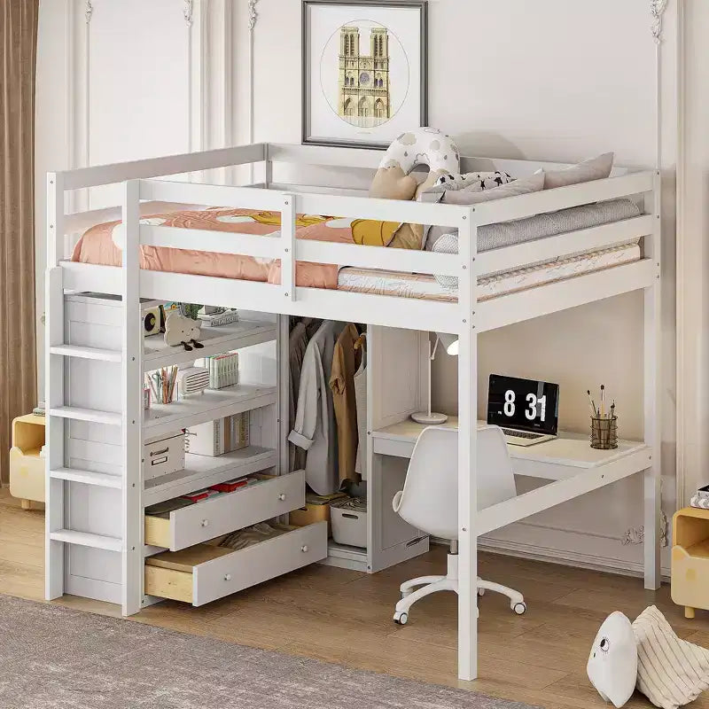 Letto a soppalco matrimoniale Clihome in legno con armadio integrato, scrivania, ripiani e cassetti