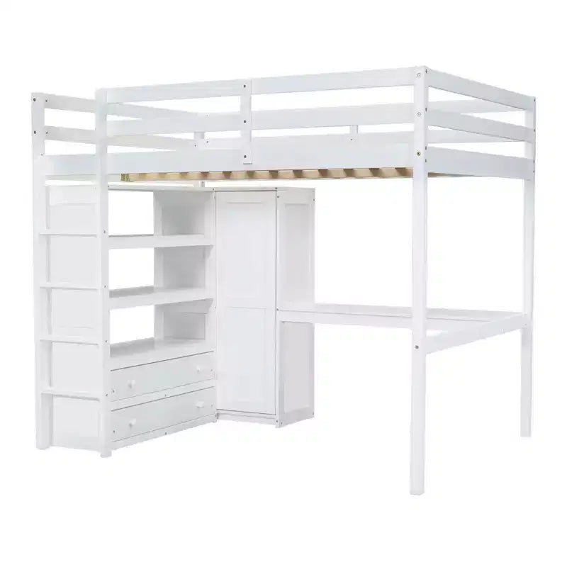 Letto a soppalco matrimoniale Clihome in legno con armadio integrato, scrivania, ripiani e cassetti