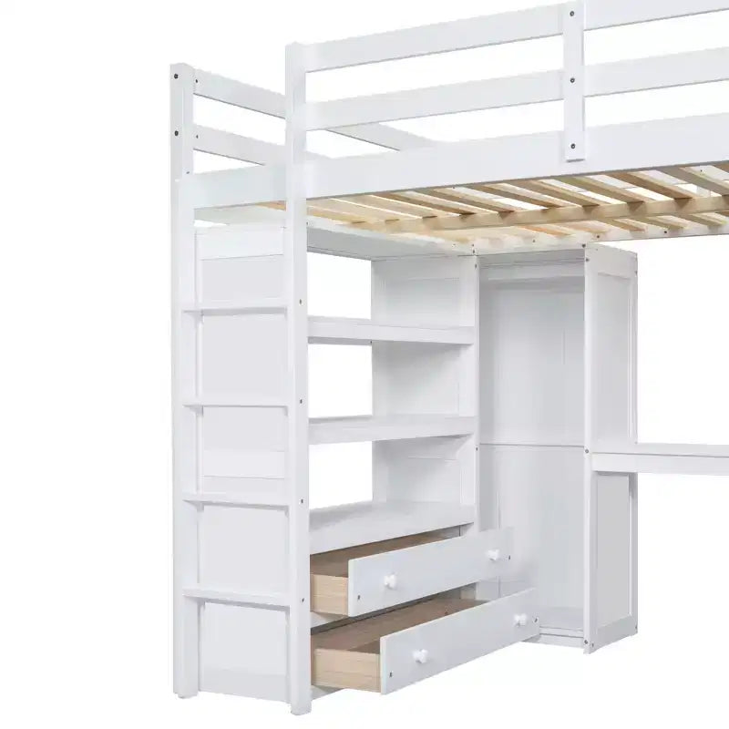 Letto a soppalco matrimoniale Clihome in legno con armadio integrato, scrivania, ripiani e cassetti