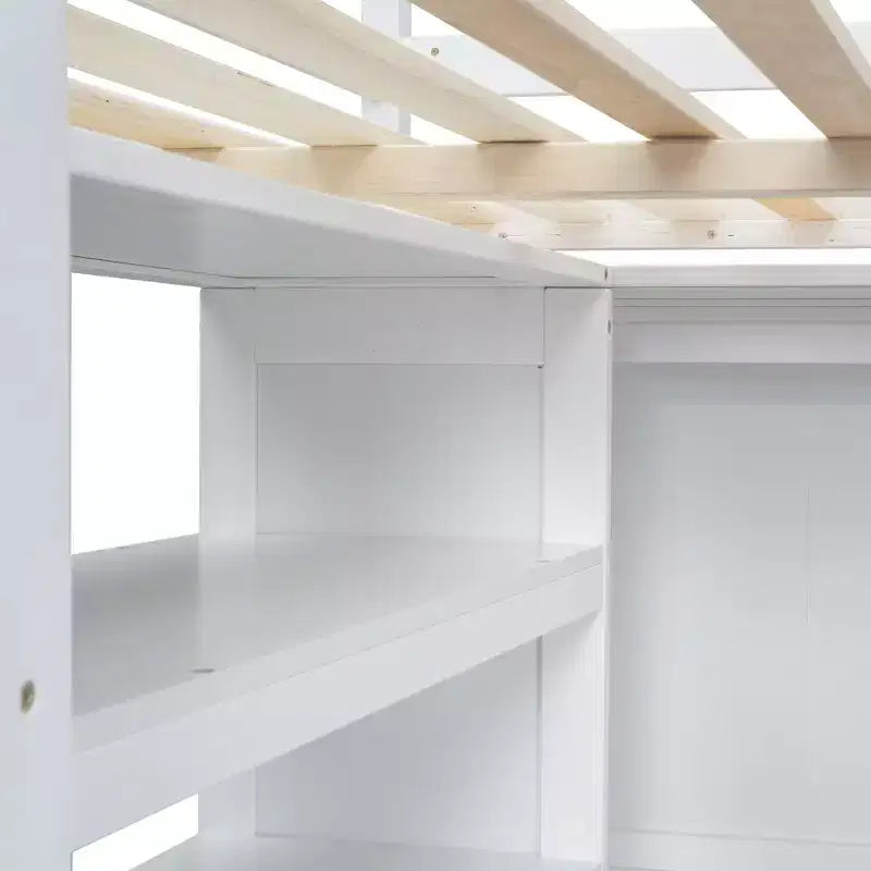 Letto a soppalco matrimoniale Clihome in legno con armadio integrato, scrivania, ripiani e cassetti