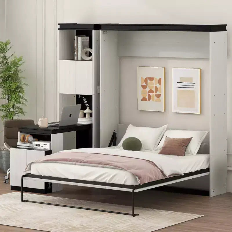 Letto a scomparsa full-size Clihome con scrivania, mensole e armadietti