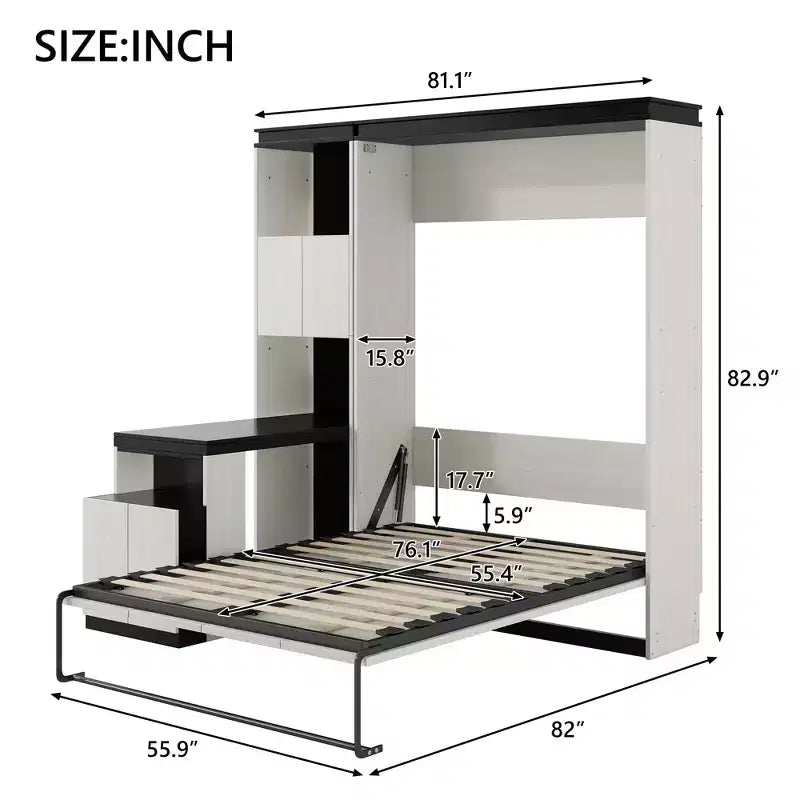 Letto a scomparsa full-size Clihome con scrivania, mensole e armadietti