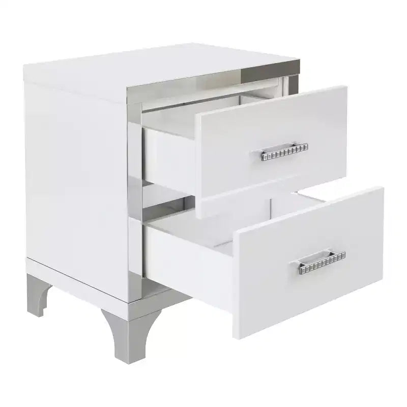 Comodino Whisen elegante laccato lucido, comodino a specchio con maniglia in metallo e 2 cassetti