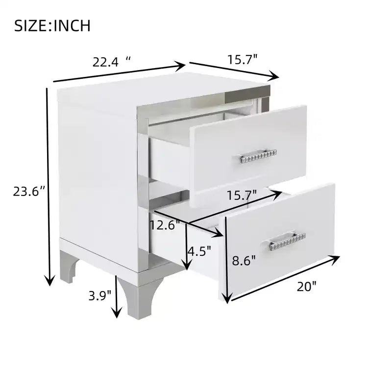 Comodino Whisen elegante laccato lucido, comodino a specchio con maniglia in metallo e 2 cassetti