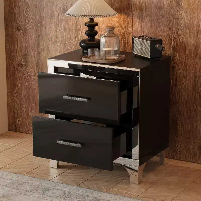 Comodino Whisen elegante laccato lucido, comodino a specchio con maniglia in metallo e 2 cassetti