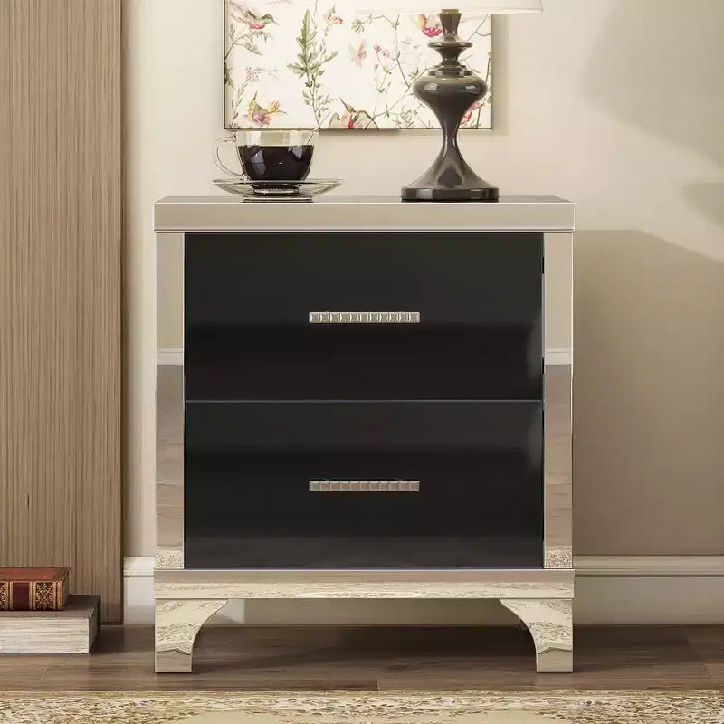 Comodino Whisen elegante laccato lucido, comodino a specchio con maniglia in metallo e 2 cassetti
