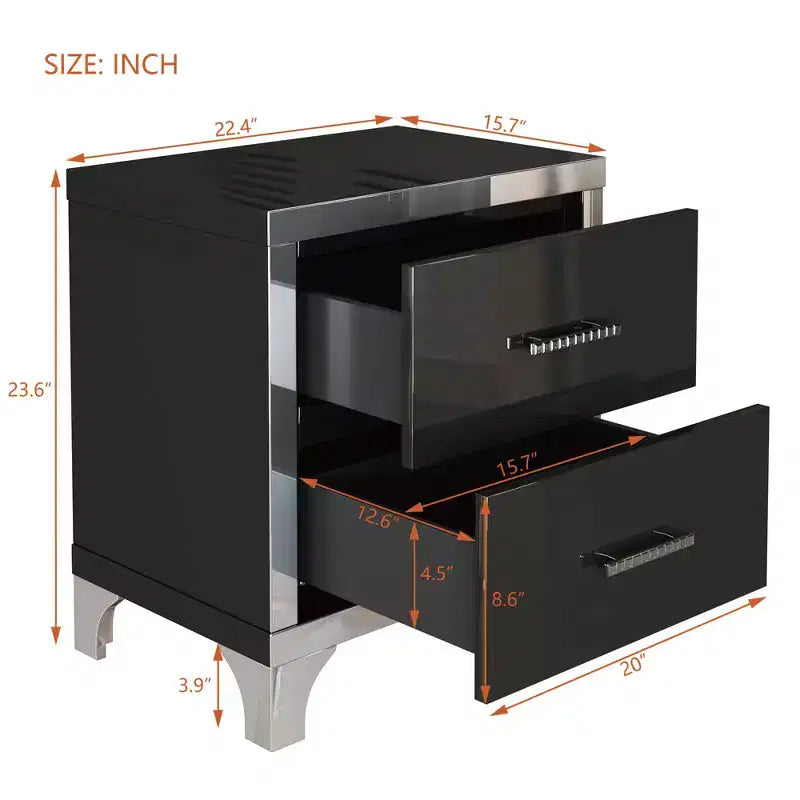 Comodino Whisen elegante laccato lucido, comodino a specchio con maniglia in metallo e 2 cassetti