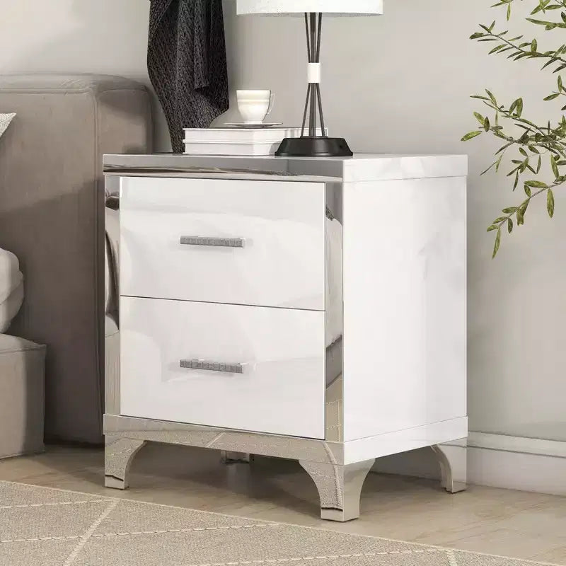 Comodino Whisen elegante laccato lucido, comodino a specchio con maniglia in metallo e 2 cassetti