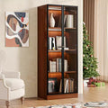 ATJafurn Brown 23.6''4-Tier China Display Cabinet, Mid Century Modern Wooden China Storage Hutch Dining Shelf with Glass Door for Home & Office