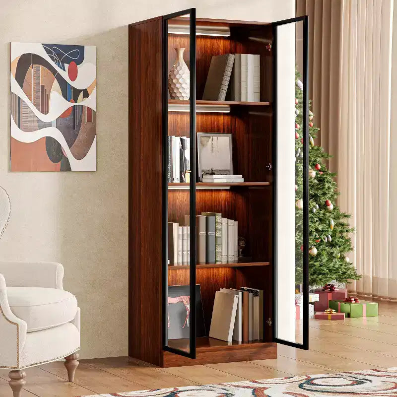 ATJafurn Marrone Vetrina Espositiva per Stoviglie 4 Ripiani da 60 cm, Credenza Moderna in Legno con Anta in Vetro per Casa e Ufficio, Stile Mid Century
